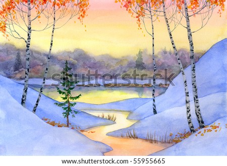 stock photo : Watercolor landscape. In the fall of birch over the creek 