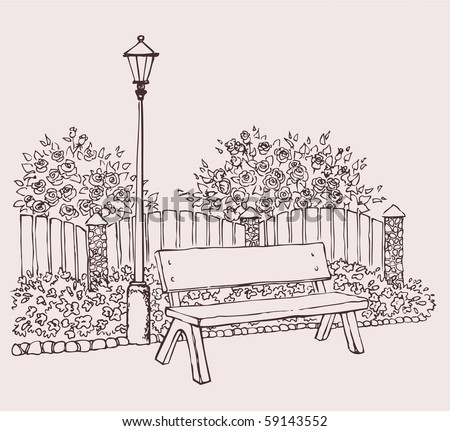 Vector Drawing. A Lantern In The Park Near The Bench - 59143552 