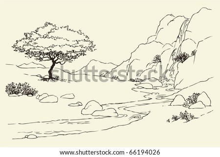 Vector landscape. Tree near a mountain stream in the meadow