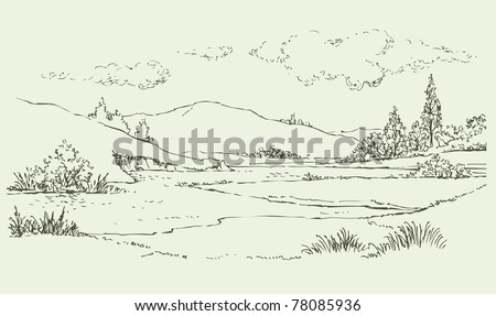 Vector image. Summer landscape with a river flowing among the hills