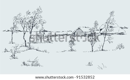 Vector rural landscape. A cold winter day on the snow-covered huts and field