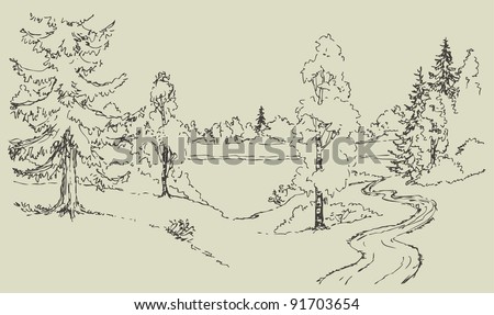 Vector landscape. A winding dirt road among rolling meadows with trees leads to the forest lake