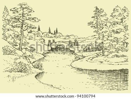 Vector landscape. The ancient bridge over a small river in the summer forest
