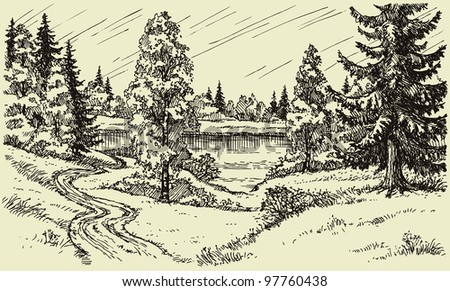 Vector landscape. A winding dirt road through the trees in the field leads to the lake