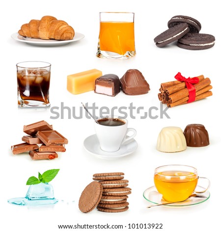 cup of tea, coffee and glass of juice with candy chocolate cookies collection isolated on white