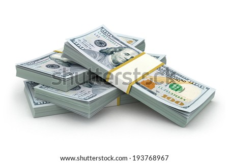 Creative abstract business, financial success and making money concept: stacks of new 100 US dollar bills isolated on white background