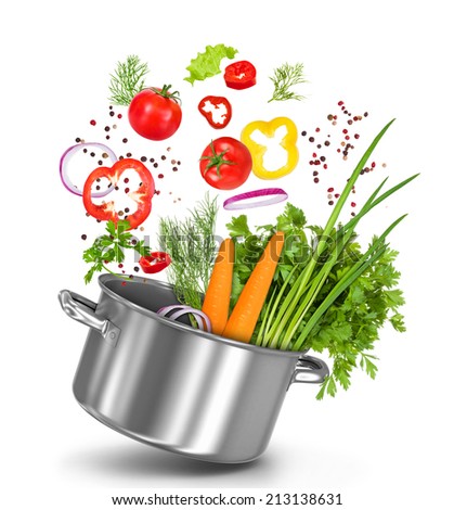 fresh vegetables flying in a pot on an isolated white background