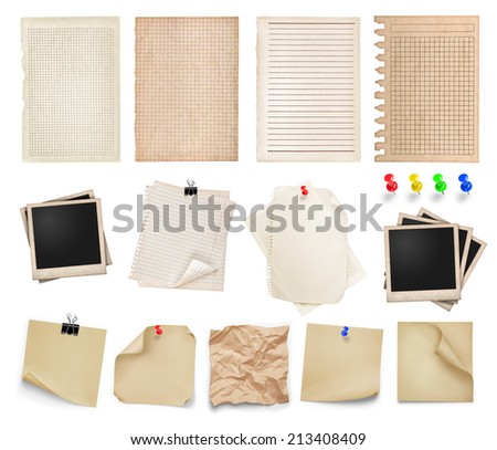 collection of vintage page, stickers and paper on an isolated white background