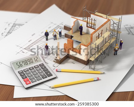 House with open interior on top of blueprints, documents and mortgage calculations and builders. Construction concept.