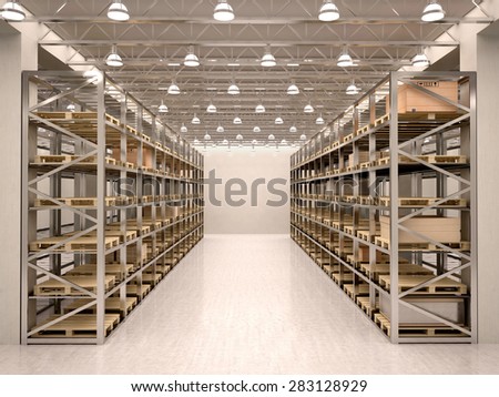 3d illustration of rows of shelves with boxes in modern warehouse