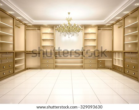 3d illustration of Big empty walk in wardrobe in luxurious house