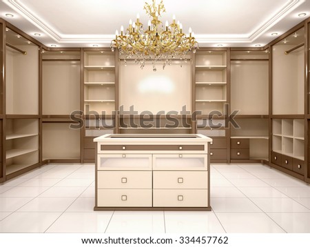 3d illustration of Big empty walk in wardrobe in luxurious house