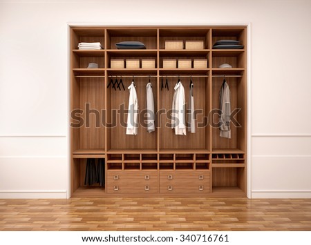 3d illustration of modern wardrobe with clothes and things