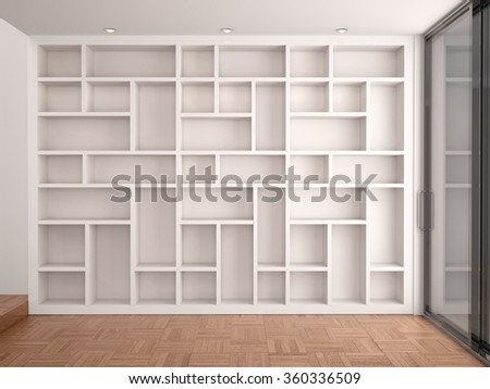 3d illustration of Empty shelves in modern white interior
