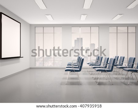 3d illustration of empty conference room with a whiteboard for seminar