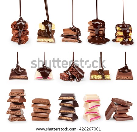 A collection of streams of hot chocolate on a stack of slices of chocolate isolated on white background