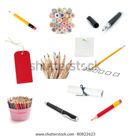 pen and pencil collection with paper and label