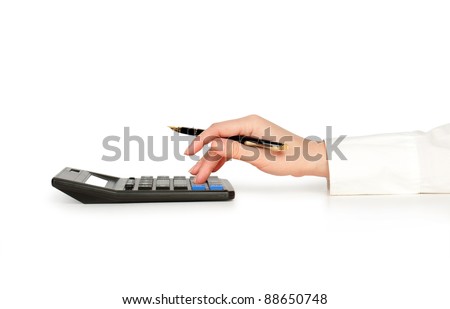 hand with pen counting on calculator isolated on white