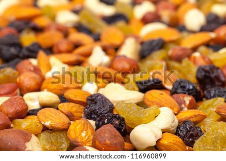 background of mixture of nuts and raisins, closeup
