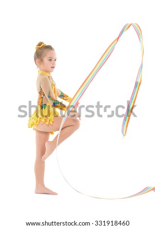 Little Gymnast Practicing with a Ribbon, on white background