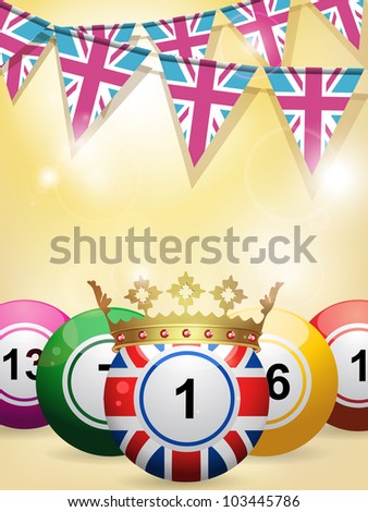 union jack bingo ball with crown on a glowing background with union jack bunting flags