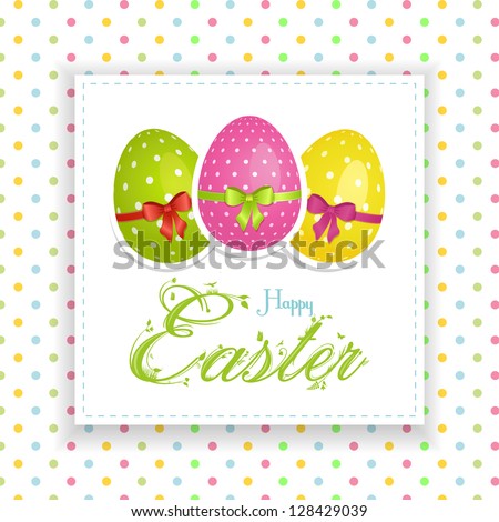 Easter Panel Background with Decorated Easter Eggs and Ornate Easter Text on a Polka Dot background Easter Panel Background with Decorated Easter Eggs and Ornate Easter Text on a Polka Dot background