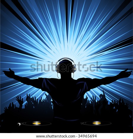 stock vector : DJ entertaining crowd with bright light burst
