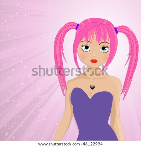 stock vector : Cute cartoon style girl with pink pigtails and purple dress