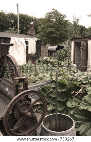 War-time garden, with mangle and anderson shelter