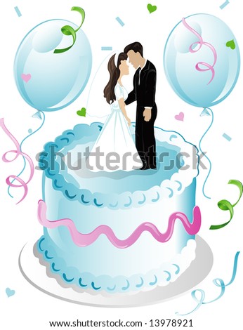 stock vector Illustration of wedding cake and topper with balloons