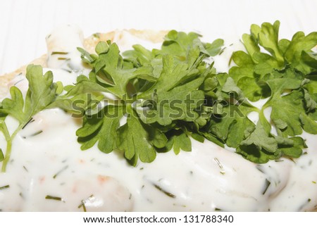 Panini Rustico with shrimp in dill sauce, garnished with parsley