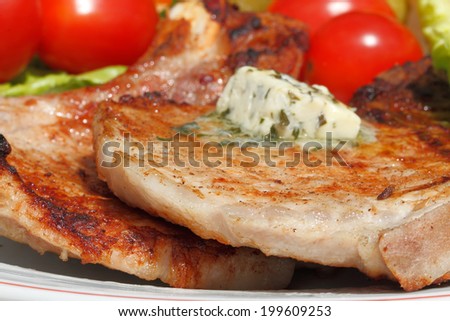 Chop, Steak, grilled, Salad, Tomato, Asparagus
