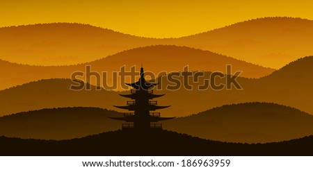 picture of hills landscape at sunset time and a lonely pagoda, vector eps 10 illustration