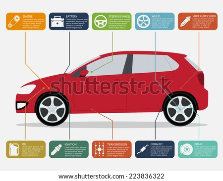 infographic template with car and car parts icons, service and repair concept