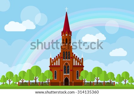 picture of a Roman-Catholic church with fence, trees, clouds and rainbow, flat style illustration
