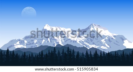 picture of a mountain range with forest silhouette and moon on background, travel, tourism, hiking and trekking concept