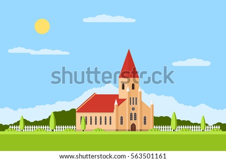 picture of a Roman-Catholic church with fence and trees, summer landscape, flat style illustration