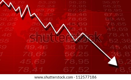 Arrow graph going down and electronic stock numbers on a blue background.