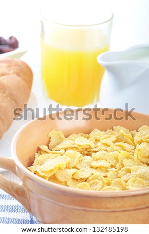 A bowl of corn flakes and milk. Breakfast.