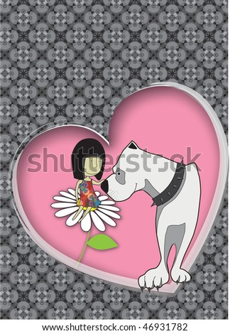 Little girl  on a flower big white Dog with pink hart