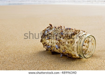 An old mason jar, washed up on a deserted beach, and covered with small sea creatures.
