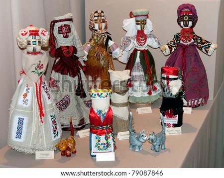 KIEV, UKRAINE - MAY 22: A series of collectible Ukrainian folk dolls are on display at the Kyiv Fairy Tale exhibit in the 2nd annual International Doll Salon on May 22, 2011 in Kiev, Ukraine.