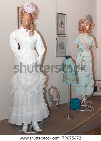 KIEV, UKRAINE - APRIL 16: Two original woman dresses are on display at the Marina Ivanova\'s private collection exhibit on April 16, 2011 in Kiev, Ukraine.
