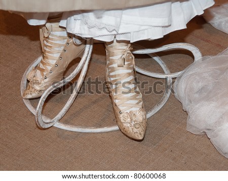 KIEV, UKRAINE - APRIL 16: A stylish woman\'s shoes are on display at the museum exhibit of Marina Ivanova\'s private collection of antique woman\'s clothes on April 16, 2011 in Kiev, Ukraine.