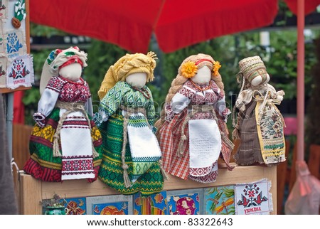 KIEV, UKRAINE - AUGUST 21: A series of collectible Ukrainian folk dolls at the fair of the 56th annual flower exhibition on August 21, 2011 in Kiev, Ukraine.