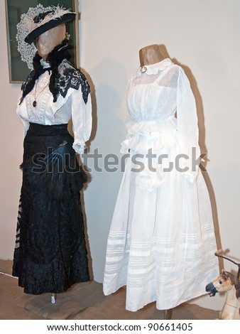KIEV, UKRAINE - APRIL 16: Two original 19th century woman dresses are on display at the Marina Ivanova\'s private collection exhibit on April 16, 2011 in Kiev, Ukraine.