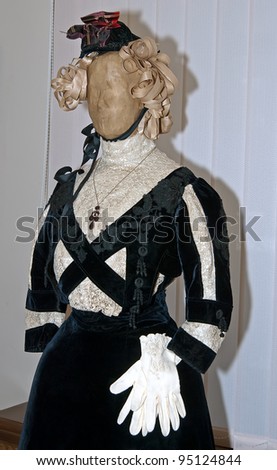 KIEV, UKRAINE - APRIL 16: An original woman\'s dress in black and white is on display at the Marina Ivanova\'s private collection exhibit on April 16, 2011 in Kiev, Ukraine.