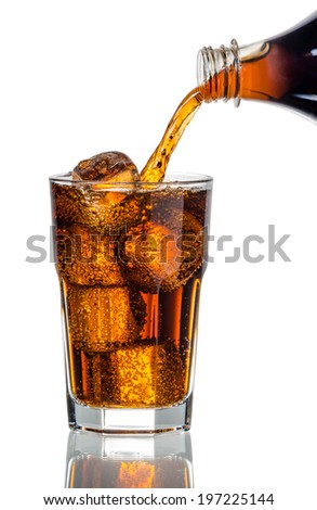 Cola splash in a glass with ice cubes