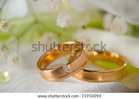 stock photo Two wedding rings with white flower in the background