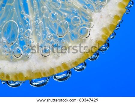 Bubbles on a lemon segment in soda water
